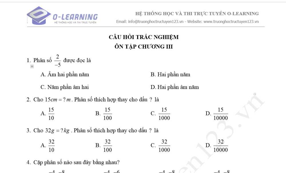Toán 6: Câu hỏi trắc nghiệm ôn tập Chương 3